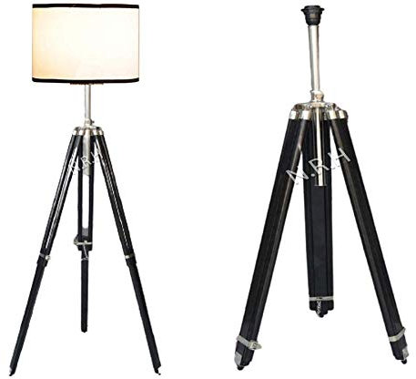 Lámpara de pie de trípode de madera, color negro, para decoración de salón (con pantalla de lámpara)