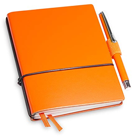 A7 revolutionäres X17-Notizbuch! Recyceltes Leder orange, mit Geschenkbox; Innen: 2x Notizen(blanko, kariert), Stifthalter, Doppeltasche, Mini Stift; austauschbar, Made in Germany
