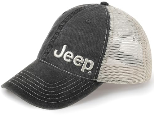 Jeep Garment Washed Text Logo Trucker Hat – | Unstructured Low Profile Cap with Mesh Back & Snap Closure (US, Alpha, One Size, Black)