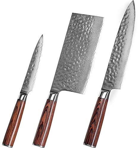 Souped Up Recipes 3er-Set Damaszener Küchenmesser (Kochmesser, Hackmesser, Schälmesser)