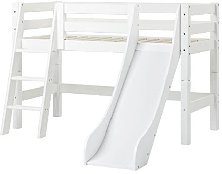 Hoppekids ECO Luxury Hochbett mit Rutsche | 70x160 | Weiß | Mit schräger Leiter | Das Nordische Umweltzeichen | FSC®-zertifiziertes massives Kiefernholz aus der EU | Entworfen in Dänemark