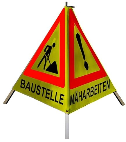 Warnpyramide/Faltsignal - BAUMFÄLLUNG (VZ101) / MÄHARBEITEN (VZ101) / BAUSTELLE(VZ123) (4 - retroreflektierend gelb, 70 cm leicht mit Mittelfuß)