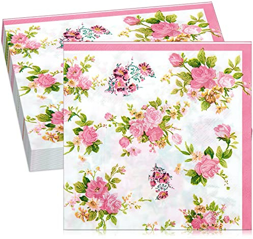 40 Pcs Floral Disposable Tea Party Napkins - Vintage Cocktail Napkins With Elegant Pink Flower Design for Afternoon Tea, Birthday, Baby Shower, Wedding Anniversary Decoration (Vibrant)