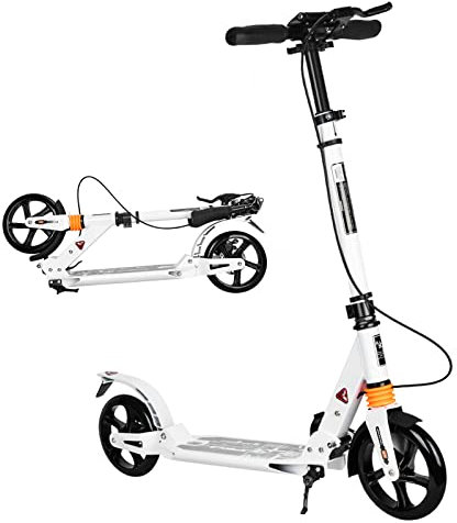 Bueuwe City Roller Kinder 10 Jahre, Cityroller Tretroller Erwachsene 150 kg Tragkraft, Big Wheel Scooter mit Stoßdämpfer, Klappbar Höhenverstellbar Kickboard, Scheibenbremsen, ABEC 9,Weiß