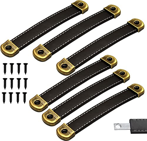 SYZOW Möbelgriffe Leder 96MM, 6 Stück Türgriffe Ledergriff, Ledergriff für Schränke Küche, Ledergriffe für Möbel, schwarze Schrankgriffe Möbel Leder für