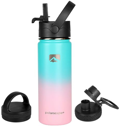 Polarscape Stainless Steel 500ml Insulated Water Bottle with Straw - Metal Water Bottle, Includes 3 Lids, 2 Straws, Straw Brush - Wide Mouth, Double-Walled, BPA Free, Leak Proof - 500ml Bubble Bliss