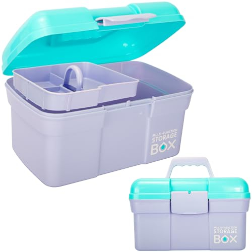 Creahaus 28cm Organizador Multiusos con Bandeja Móvil, Pequeño Organizador de Plástico con Asa, Portátil para Costura, Maquillaje, Medicinas y Uñas. (Morado y azul)