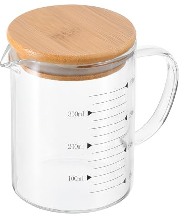 PATIKIL Verre Doseur de 350 ml Tasse à Mesurer Liquide | avec Couvercle en Bois, Gradué en Verre Borosilicate 3.3 avec Échelle Imprimée en Noir, Et Bec en Forme de V Pour la Cuisine