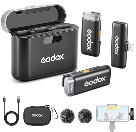 GODOX WES1 Kit2 Trådlös Lavalier-Mikrofon för iPhone/Lightning, 8H batteritid, 2,4G dubbel kanal trådlös mikrofon, 200 m räckvidd, brusreducering med laddningsfodral