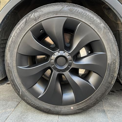 KAVANIC 4Stück Radkappen für Tesla Model Y Radkappen 19 Zoll 2020-2024 | Zyklon Stil für Model Y Gemini Radkappen 19 Zoll (RWD/AWD), Mattschwarz Symmetrisches Design, Verbesserte Reichweite