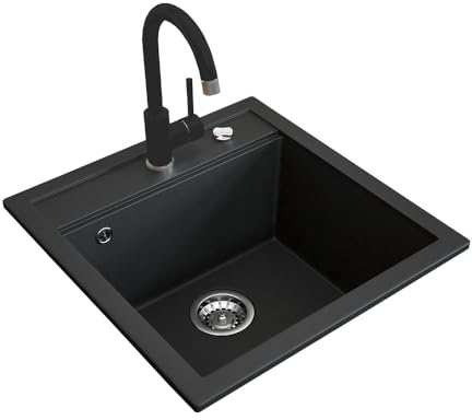 Bergström Granitspüle mit Armatur, Schwarz, 49 x 50 cm | mit Armatur Schwarz, beidseitig einbaubar mit praktischem Abtropfflügel