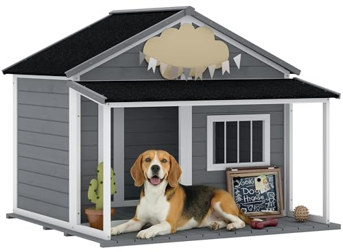 PawHut Cuccia per Cani da Esterno con Tetto in Bitume Impermeabile, Casetta per Cani in Legno Massello con Finestra e Terrazza, 124x112x105cm, Grigio