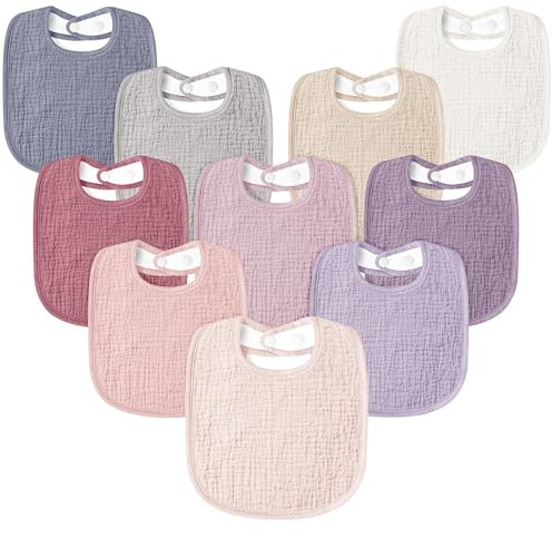 Susurration Muslin Baby Drool Bibs 10Pack Soft Square Adjustable Bandana Bibs for Unisex Baby Girls & Boys (Pink)