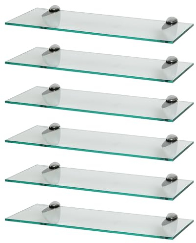 Harbour Housewares 6X Klar 50cm Schwebende Wandregale aus Glas - Badezimmer Dusche Küche Regale Lagerung Anzeigeeinheit mit Silberne Klammern