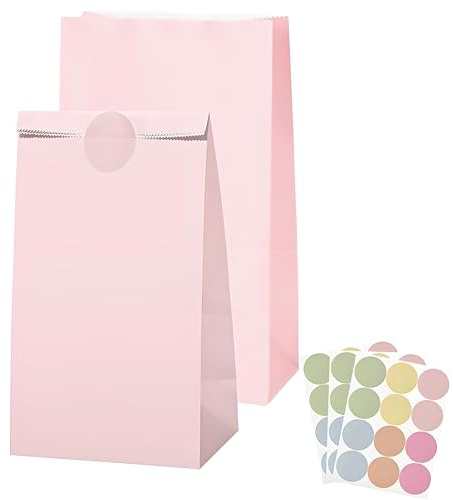 30Stück Papiertüten Klein,Bunte Geschenktüten mit 30 Aufkleber Stickern,24x13x8cm Zartrosa Papier Candy Tüten Geschenktüten Kinder Papiertüten Kindergeburtstag Hochzeit,Party,Geschenke,Süßigkeiten