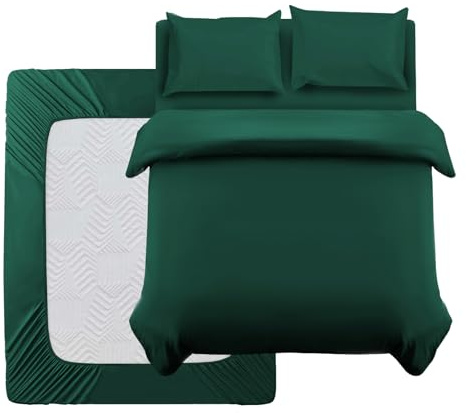 Oxford Homeware Double Duvet Set Emerald Brushed Microfiber 4 Piece Double Bedding Set with Fitted Sheet and Pillowcases Soft Breathable Duvet Cover Sets