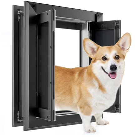 PATAPLUS Aluminium-Hundetür für den Außenbereich, starke doppelte Magnetklappen, robuste Hundetür für mittelgroße Hunde bis zu 18 kg (mittelgroß, schwarz)