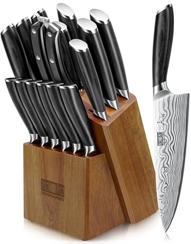 HOSHANHO 16-teiliges Messerblock Set, Ultrascharfes Messerset Kochmesserset | Professionelles Küchenmesserset aus Edelstahl mit Hohem Kohlenstoffgehalt mit Schärfer und Pakkawood-Griff