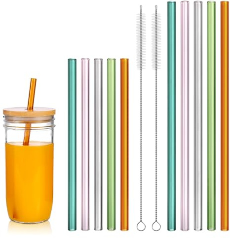 10 Stück Glasstrohalme Bunt 15cm 20cm, Bunte Strohhalme Glas, 2 Größen, Glasstrohhalme Lang, Glasstrohhalm Kurz, Wiederverwendbar Glas Strohhalm für Milchshakes, Smoothies, Cocktails, Kaffee, BPA-frei