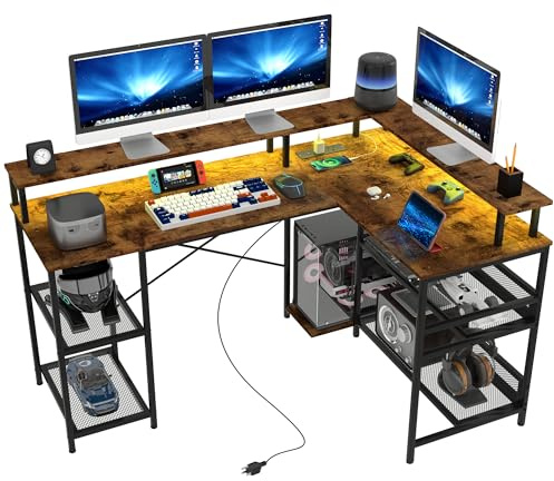 HOMCOM L Shaped Gaming Desk, LED Lights, Power Outlets, 150cm, Rustic Brown | Corner Computer Desk, Monitor Stand, Storage Shelves, Home Office, Small Space