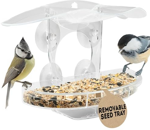Coselena Window Bird Feeder – Clear Acrylic Bird Feeders with 3-Compartment Removable Tray & 4 Strong Suction Cups for Bird Watching, Garden Decor & Gardening Gifts (1Pack)