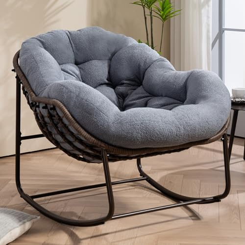 Villeston Outdoor Patio Schaukelstühle, Dunkelgrau | Übergroßer Papasan-Schaukelstuhl mit Teddy-Kissen, Ei-Schaukelstuhl für Wohnzimmer, Veranda, Garten und Terrasse