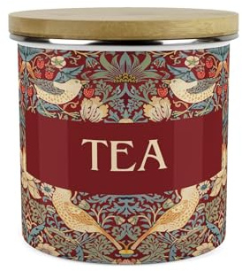 Purely Home Red Strawberry Thief Tea Storage Canister - Morris Inspired Floral Tapestry Artwork - Large Enamel Hot Drinks Kitchen Storage Container