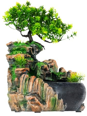 Tischbrunnen, 19x13x28,5cm Zimmerbrunnen Grüner Pflanzenbrunnen Zimmerbrunnen Wasserfall Mini Oase Zimmerbrunnens mit Pflanzen für Wohnzimmer Arbeitszimmer Büro