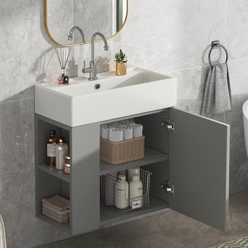 YESGIGA Mueble de baño con armario bajo lavabo de 55 cm, armario para lavabo colgante, pequeño mueble de baño para invitados (gris claro)