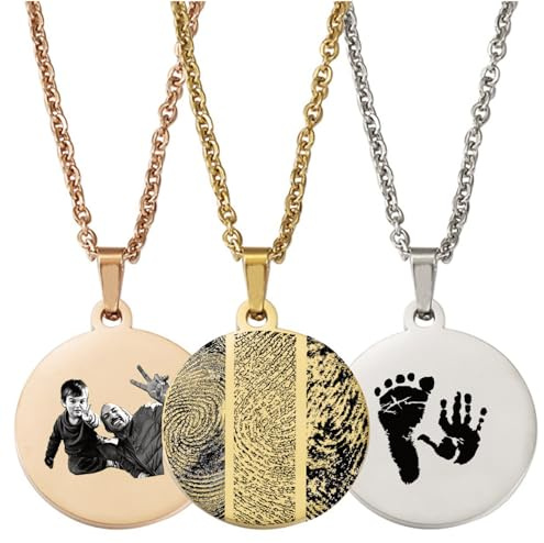 Generisch Personalisierter Schmuck mit Gravur – Foto, Kinderzeichnung, Hand-, Fuß- und Fingerabdruck, Pfoten- oder Nasenabdruck, Handschrift & Wunschtext – Rund Anhänger Kette aus Edelstahl in Gold