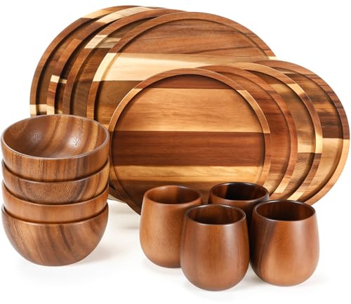 Maxdot 16 Pcs Acacia Wood Dinnerware Set, Round Wooden Plates,Solid Wooden Bowls and Tea Cups, Acacia Wood Tableware Supplies, Easy Cleaning & Lightweight for Dishes Snack, Dessert, Set for 4