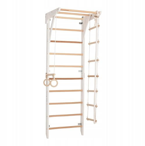 Kletterwand für Kinder und Erwachsene – Klettergerüst Indoor aus Holz mit Wand-Reck, Stange, Gymnastikringen, Kletterseil, schwedischer Leiter – Kinder 2 weiße Farbe