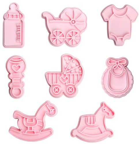 8-teiliges 3D Babyparty-Ausstechformen-Set aus Kunststoff | Mit Kinderwagen, Flasche, Wiege, Rassel, Body und Lätzchen für Kekse und Babyparty-Gebäck