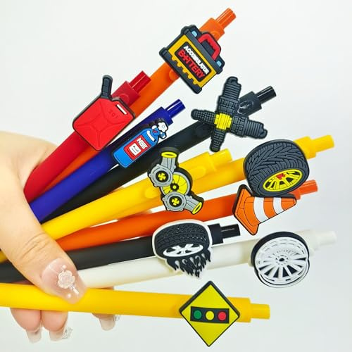 QFSH 10Pcs Car Parts Series PVC Topper Ballpoint Pens with Fun Tire Battery Traffic Cone for Students Car Enthusiasts 1mm Black Ink (10Pcs)