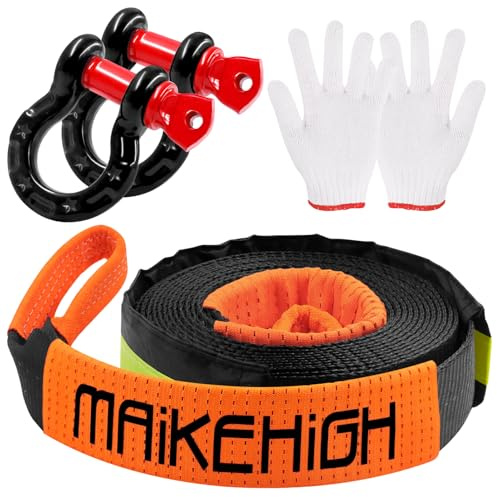 MAIKEHIGH Cordes de Remorquage 10 Tonnes 5M, Sangle de Remorquage Voiture Récupération pour Récupération Hors Route avec 2 Crochets Renforcés et 2 Gants (Noir-Orange)