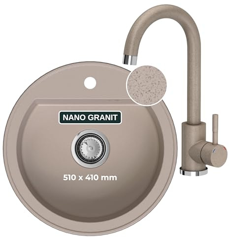 SINK QUALITY Spülbecken Rund mit armatur Ø 51 cm - Granitspüle Beige mit Wasserhahn, Siphon und Imprägniermittel - Küchenspüle Rund aus Granit für Unterschränke ab 55 cm Breite