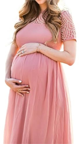 WJLYDM kortärmad spets chiffong mammaklänningar för fotografering gravida kvinnor maxiklänning graviditet baby party fotografi rekvisita (XL)
