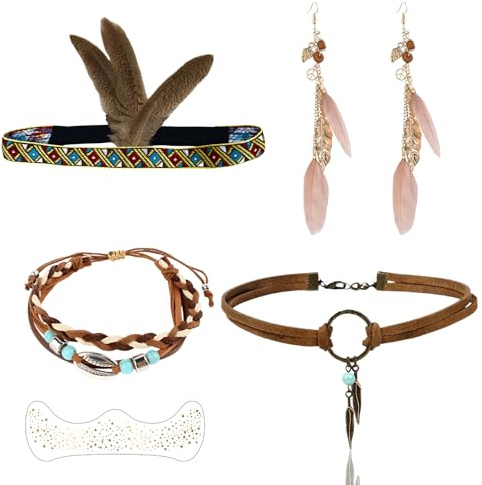 Kitimi Boho Tribal Schmuck Set für Frauen, 4-teiliges Karneval Accessoire mit Feder Stirnband & Ohrringen, Lederhalskette & Armband für Festival & Mottoparty
