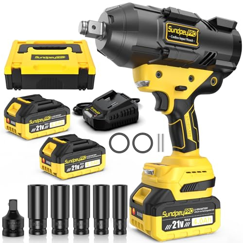 SundpeyPRO Akku Schlagschrauber 2100N·m, Bürstenloser Schlagschrauber mit Hohem Drehmoment und 2 x 4,0 Ah Akku, Impact Wrench mit 3/4 auf 1/2 Adapter, 5 Stecknüssen und Koffer für Auto, LKW, Gelb