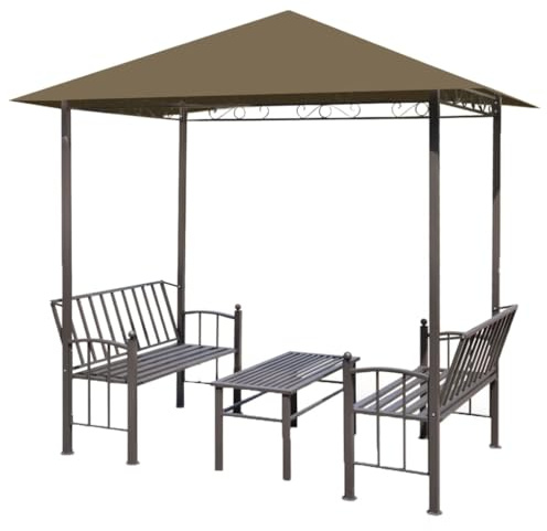 Chapiteau de Jardin avec Table et Bancs, Pavillon Extérieur, Belvédère pour Terrasse, Arrière-Cour, Pelouse, Protection UV, 250x150x240 cm Taupe Tissu