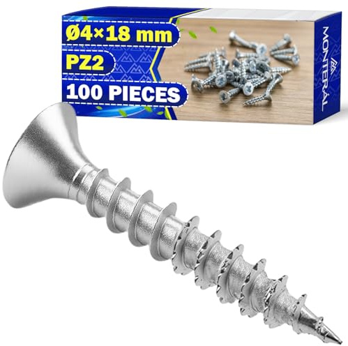 100 x Tornillos para Madera Ø4x18mm Tipo de Ranura PZ2 Acero Galvanizado | Pueden Usarse como Tornillo para Madera - MONTERAL