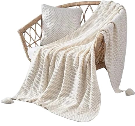 UALXPAO Grobe Strickdecke Decke for Bett, Sofa oder Couch, grob gestrickte Tagesdecke mit Quasten, einfarbige Waffelpiqué-Decke