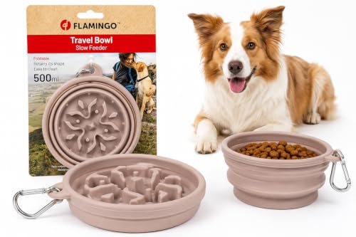 gamelle pour Chien - Slow Feeder Nino Taupe - gamelle Pliable en Caoutchouc thermoplastique Flexible - Anti glouton - avec Mousqueton pour Voyage et Promenade - 500ml