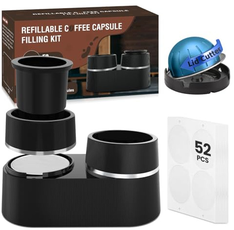 NOVONEER Reusable Double Pods Kit Compatible with Nespresso Pods Vertuo, Refillable Coffee Pods Espresso Accessories with 52 pcs Foil Seals Lids Compatible with Nespresso Espresso Machine