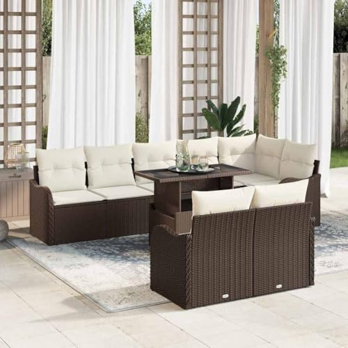 GeenYuu Lounge-Set mit Kissen 9 pcs Braun Poly Rattan Garten Möbel Set Sitzgruppe Balkon Terrasse Essgruppe Garnitur Rattan Metall Ecke Tisch Sofa Bank Hocker Polster Wetterfest Outdoor