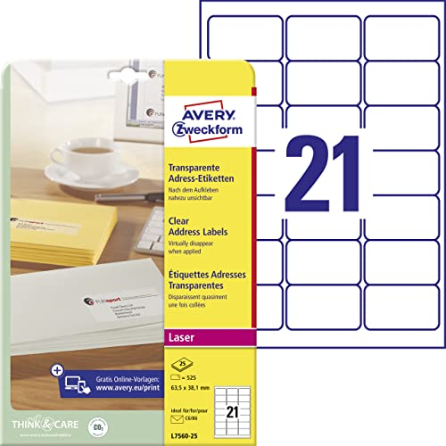 AVERY Zweckform L7560-25 Adressetiketten/Adressaufkleber (525 Etiketten, 63,5x38,1mm auf A4, bedruckbar, selbstklebend, für DIN B6/C6 Briefkuverts + Deutsche Post INTERNETMARKE) 25 Blatt, transparent