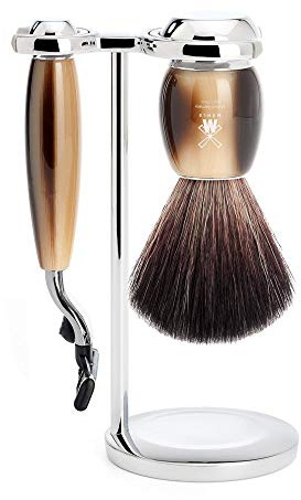 MÜHLE Vivo 3-tlg. Rasierset mit Systemrasierer, Edelharz-Griff in hornbraun | Nassrasur-Set kompatibel mit Gillette Mach3-Klinge, Rasierpinsel Black Fibre vegan, Halterung, für Bart, Gesicht und Körper