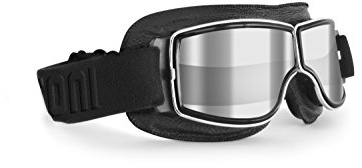 BERTONI Motorradbrille Schutzbrille für Harley Davidson Chopper und Scrambler aus schwarzem Leder und Chrom Rahmen mod. 188 (Transparente Silberspiegel Linse)