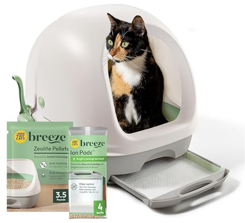 Purina Tidy Cats Hooded Litter Box System, BREEZE Hooded System Starter Kit Litter Box, Litter Pellets & Pads White