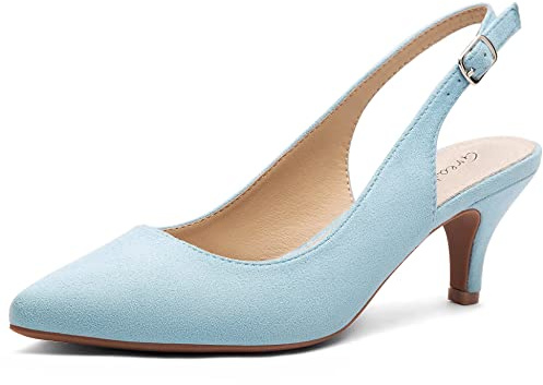 Greatonu Womens Court Shoes Low Kitten Heels Slingback Pointed Toe Dress Pumps Light Blue